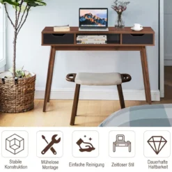 Computertisch mit Massivholzbeinen Stilvoller Tisch mit 2 Schubladen und offenem Regal Braun