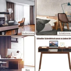Computertisch mit Massivholzbeinen Stilvoller Tisch mit 2 Schubladen und offenem Regal Braun