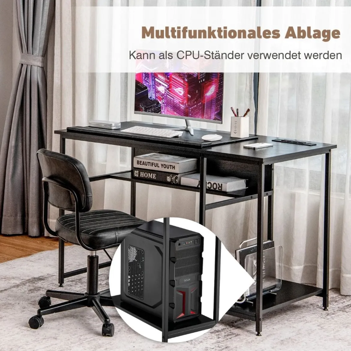 Computertisch mit offenem Regal und CPU-Ständer 120 x 60 x 75 cm Schwarz