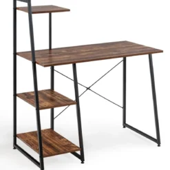 Computertisch mit 4 Regal Schreibtisch aus Holz & Metall mit Ablageflächen 98 x 50 x 118 cm Braun + Schwarz