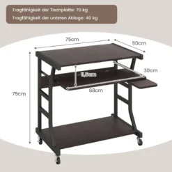 Computertisch mit Rollen & Ausziehbarer Tastaturablage & Mausablage PC-Tisch Braun