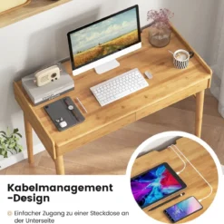 Computertisch mit Schubladen & Offenem Regal & Kabelführungsschlitz Schreibtisch Natur