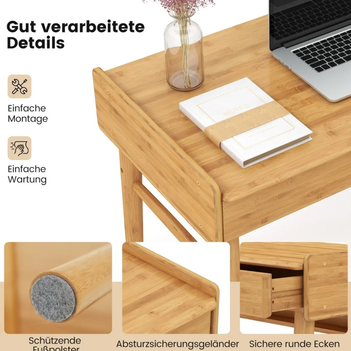 Computertisch mit Schubladen & Offenem Regal & Kabelführungsschlitz Schreibtisch Natur