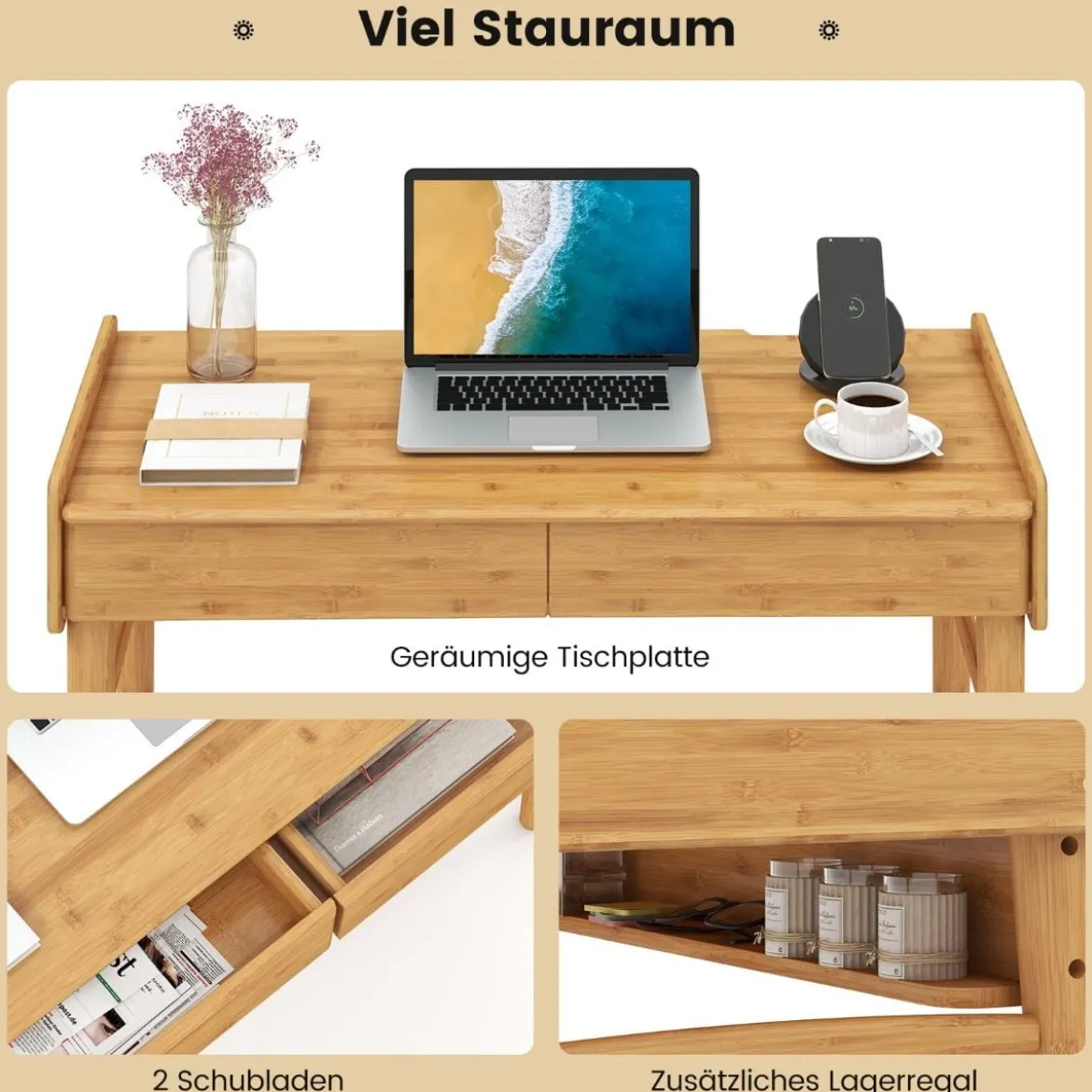 Computertisch mit Schubladen & Offenem Regal & Kabelführungsschlitz Schreibtisch Natur