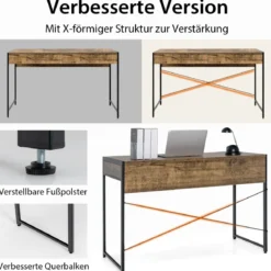 Computertisch mit 2 Schubladen Schreibtisch mit Stahlrahmen 112 x 48 x 76 cm Braun
