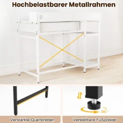 Computertisch mit Steckdosen Homeoffice-Schreibtisch mit Aufsatz Schublade & 2 offenen Regalen Weiß