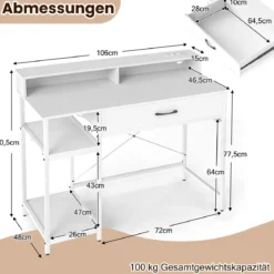 Computertisch mit Steckdosen Homeoffice-Schreibtisch mit Aufsatz Schublade & 2 offenen Regalen Weiß