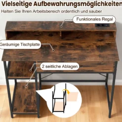 Computertisch mit Steckdosen Homeoffice-Schreibtisch mit Aufsatz Schublade & 2 offenen Regalen Rustikales Braun
