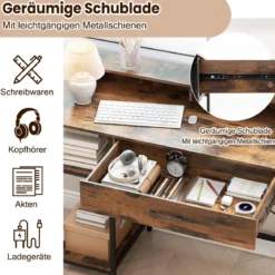 Computertisch mit Steckdosen Homeoffice-Schreibtisch mit Aufsatz Schublade & 2 offenen Regalen Rustikales Braun