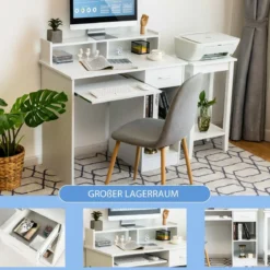 Computertisch Schreibtisch mit Aufbewahrungsschublade & Regal-Aufsatz 90 x 48 x 91,5 cm Weiß
