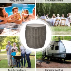 Cooler 45L Terrassentisch Eiskühler mit Deckel 3 in 1 Beistelltisch Ø40 x 43 cm Braun