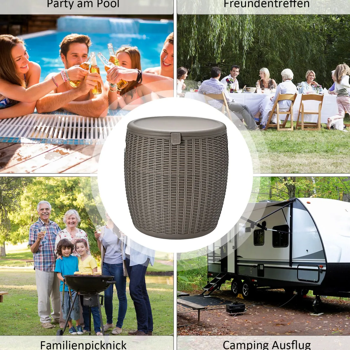Cooler 45L Terrassentisch Eiskühler mit Deckel 3 in 1 Beistelltisch Ø40 x 43 cm Braun