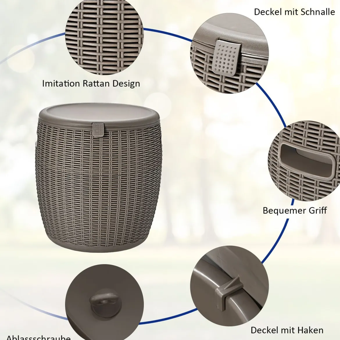 Cooler 45L Terrassentisch Eiskühler mit Deckel 3 in 1 Beistelltisch Ø40 x 43 cm Braun