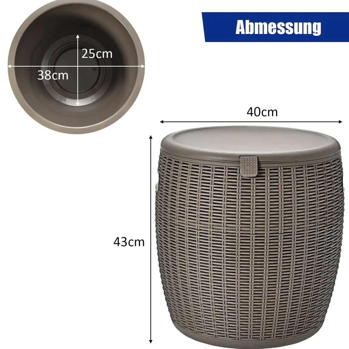 Cooler 45L Terrassentisch Eiskühler mit Deckel 3 in 1 Beistelltisch Ø40 x 43 cm Braun