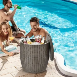 Cooler 45L Terrassentisch Eiskühler mit Deckel 3 in 1 Beistelltisch Ø40 x 43 cm Braun
