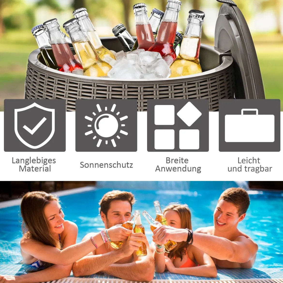 Cooler 45L Terrassentisch Eiskühler mit Deckel 3 in 1 Beistelltisch Ø40 x 43 cm Braun
