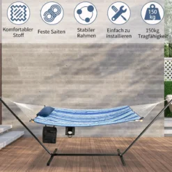 Cosway Hängematte mit Ständer Hängematten-Set mit Kissen 345 x 92,5 x 125 cm Schwarz + Blau