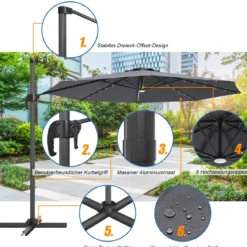 Coswtay Ampelschirm LED Sonnenschirm Outdoor LED Gartenschirm neigbar mit Kreuzständer Grau