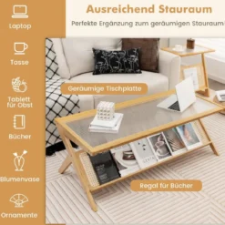 Couchtisch aus Bambus 120 cm 2-stöckiger Rechteckiger Kaffeetisch Natur