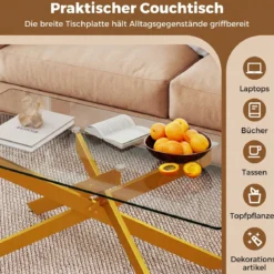 Couchtisch aus Gehärtetem Glas Rechteckiger Glastisch Moderner Kaffeetisch 120 x 60 x 45,5 cm Gold
