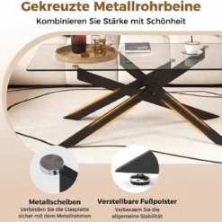 Couchtisch aus Gehärtetem Glas Rechteckiger Glastisch Moderner Kaffeetisch 120 x 60 x 45,5 cm Schwarz