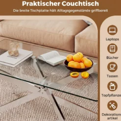 Couchtisch aus Gehärtetem Glas Rechteckiger Glastisch Moderner Kaffeetisch 120 x 60 x 45,5 cm Silber
