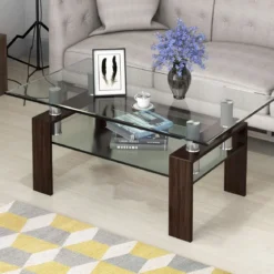 Couchtisch aus Glas Wohnzimmertisch mit unterer Ablage Sofatisch 99,5 x 59,5 x 44,5 cm Braun