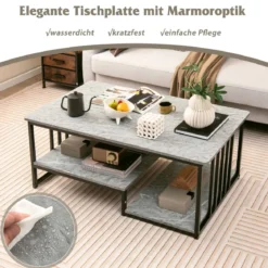 Couchtisch aus Kunst-Marmor mit Offener Ablage & Metallrahmen Beistelltisch 110 x 60 x 45 cm
