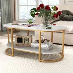 Couchtisch aus Weißem Marmor mit Goldfarbenem Metallrahmen Kaffeetisch Gold
