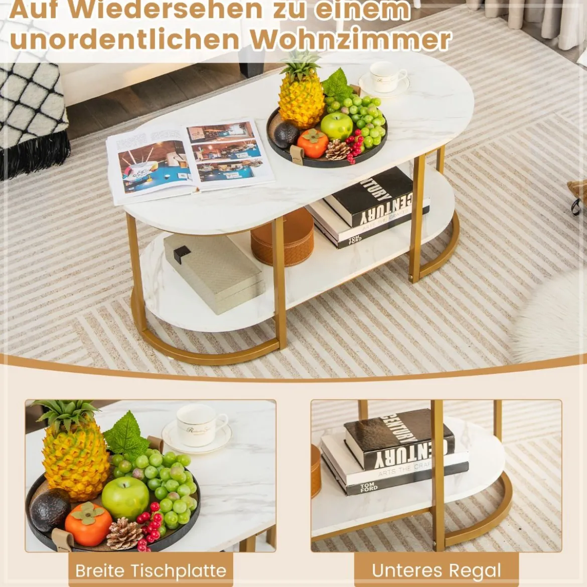 Couchtisch aus Weißem Marmor mit Goldfarbenem Metallrahmen Kaffeetisch Gold