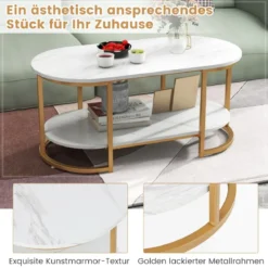 Couchtisch aus Weißem Marmor mit Goldfarbenem Metallrahmen Kaffeetisch Gold