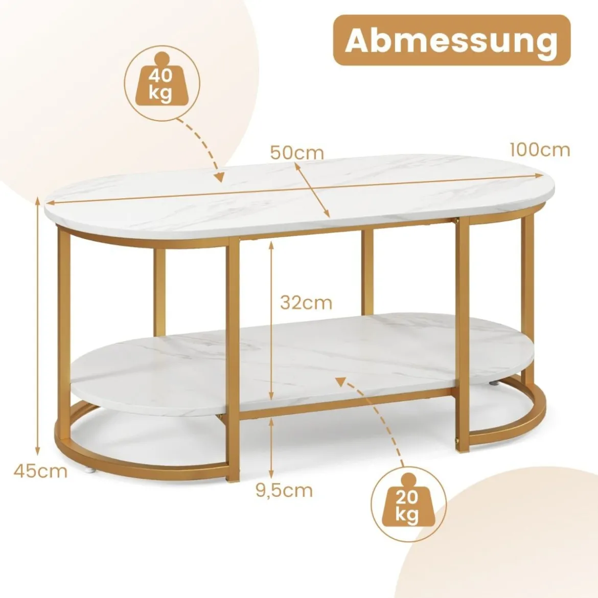 Couchtisch aus Weißem Marmor mit Goldfarbenem Metallrahmen Kaffeetisch Gold