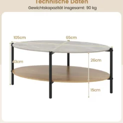 Couchtisch Beistelltisch Marmor Optik mit Metallrahmen Wohnzimmertisch mit 2 Ablage 105 x 65 x 43 cm