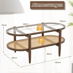 Couchtisch Beistelltisch mit Glas Tischplatte & Rattan Ablage 102 x 56 x 47 cm Braun