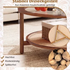 Couchtisch Ø90 cm Runder Beistelltisch mit Glasplatte & Offener Ablage aus Kunststoff-Rattan Walnuss