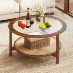 Couchtisch Ø90 cm Runder Beistelltisch mit Glasplatte & Offener Ablage aus Kunststoff-Rattan Walnuss