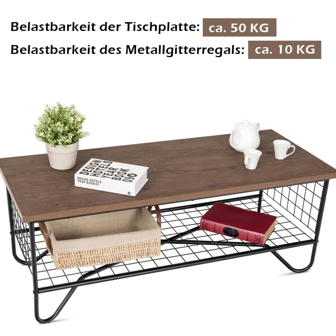 Couchtisch 2 Etagen Wohnzimmer Balkon Sofatisch Beistelltisch mit Stauraum, 105 x 50 x 41,5 cm