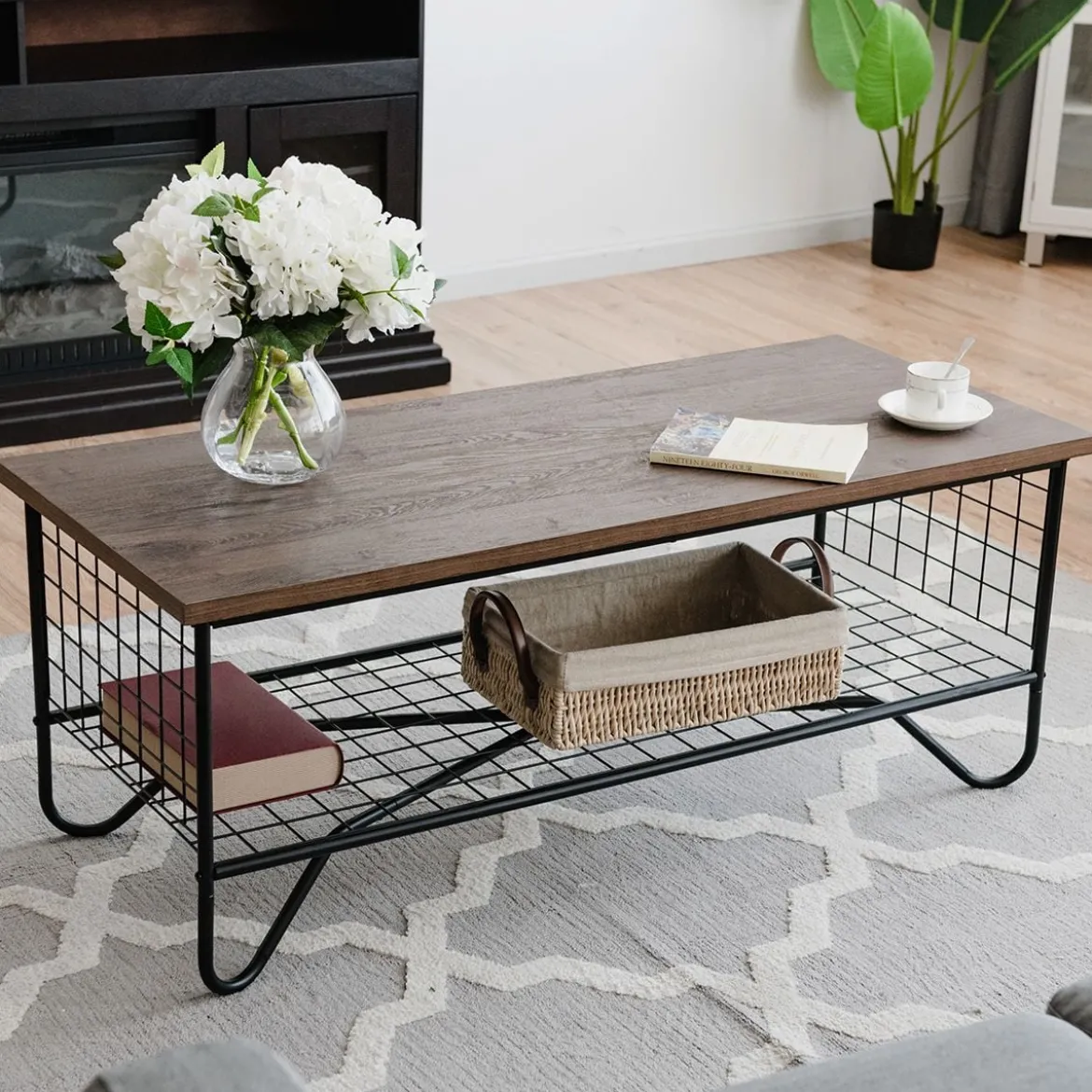 Couchtisch 2 Etagen Wohnzimmer Balkon Sofatisch Beistelltisch mit Stauraum, 105 x 50 x 41,5 cm