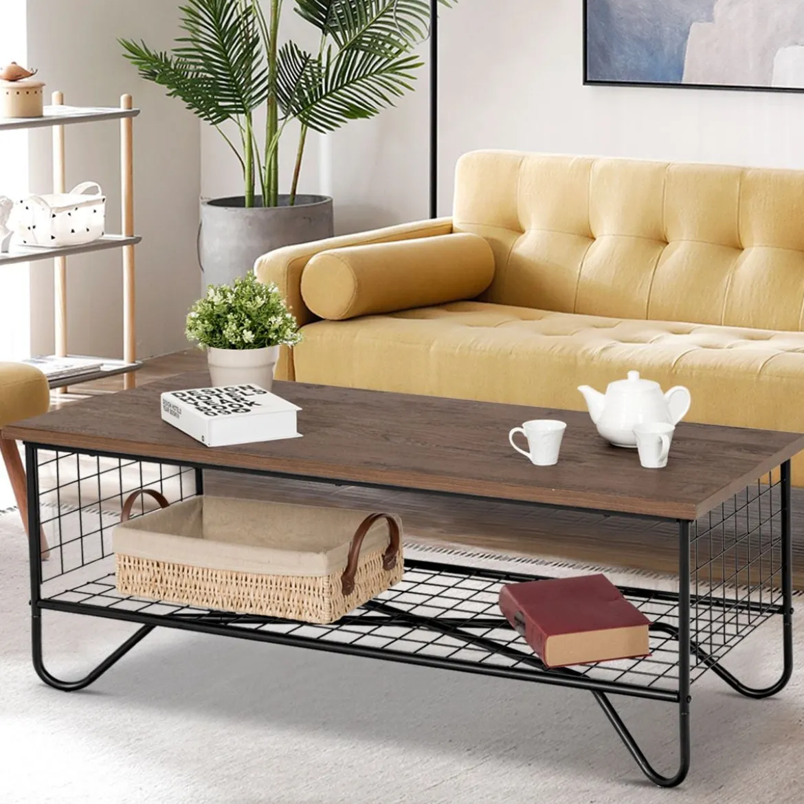 Couchtisch 2 Etagen Wohnzimmer Balkon Sofatisch Beistelltisch mit Stauraum, 105 x 50 x 41,5 cm