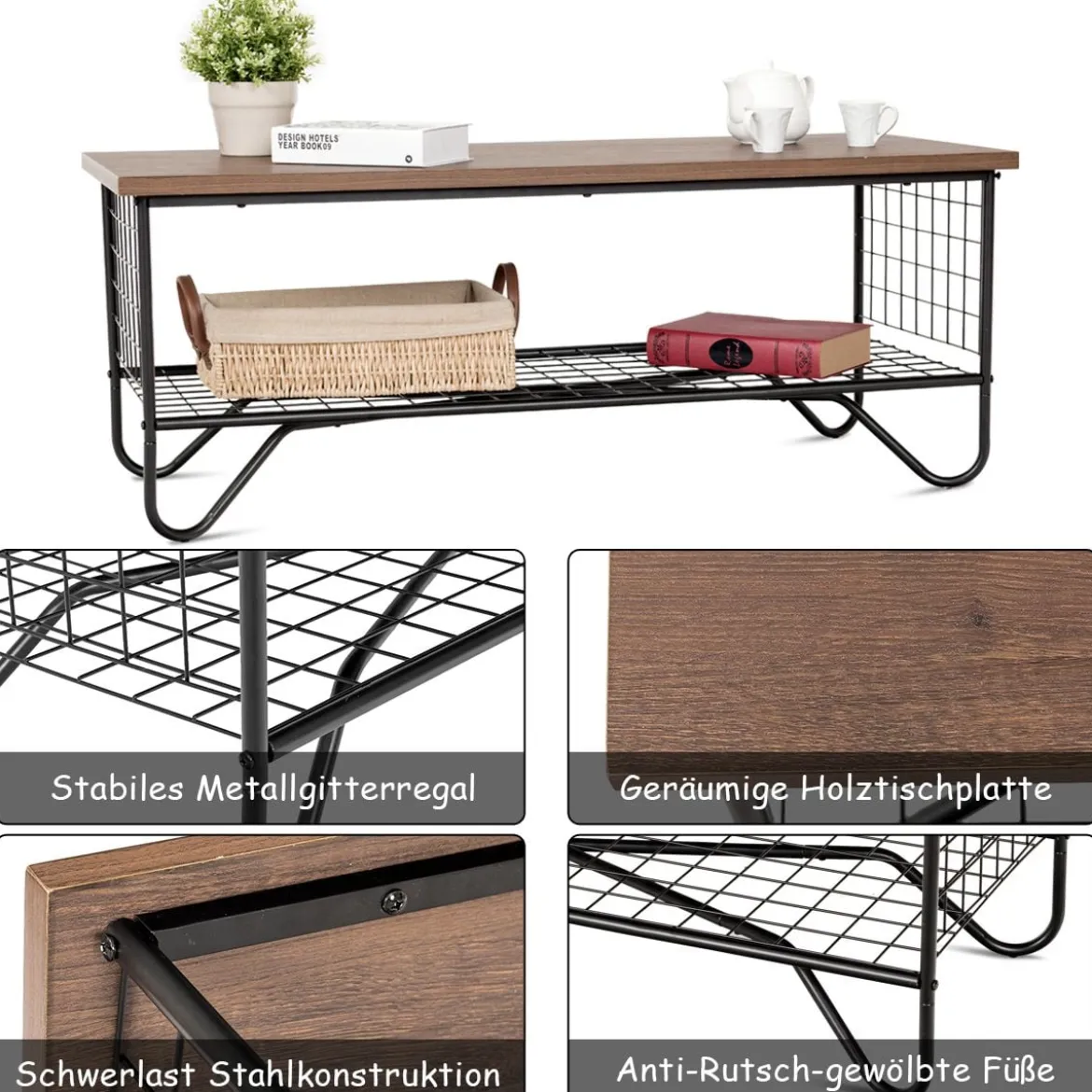 Couchtisch 2 Etagen Wohnzimmer Balkon Sofatisch Beistelltisch mit Stauraum, 105 x 50 x 41,5 cm