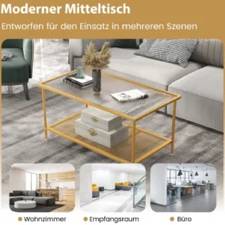 Couchtisch Glas Glastisch mit 2 Ebenen Wohnzimmertisch mit Netzregal Golden 90 x 50 x 46 cm