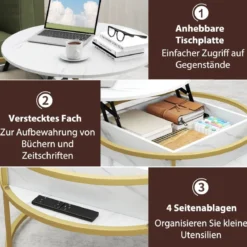 Couchtisch Höhenverstellbar Wohnzimmertisch mit Hebeplatte & Versteckter Stauraum