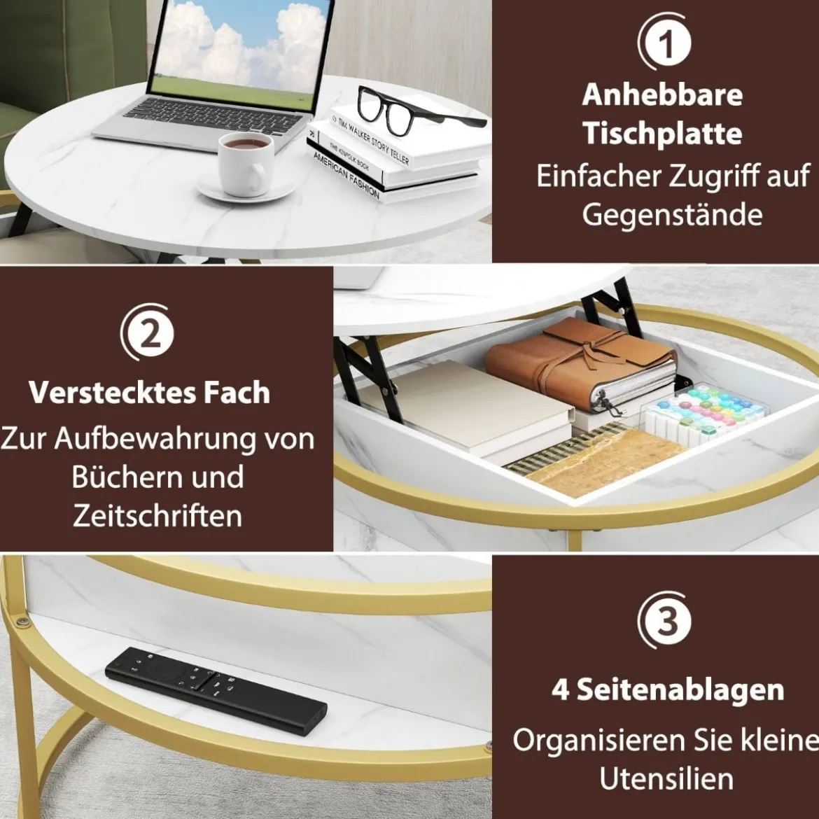 Couchtisch Höhenverstellbar Wohnzimmertisch mit Hebeplatte & Versteckter Stauraum