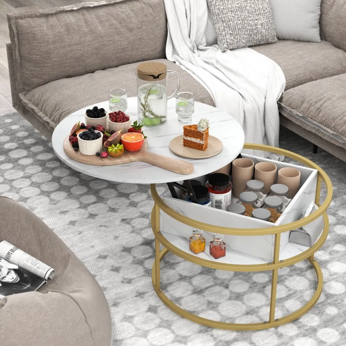 Couchtisch Höhenverstellbar Wohnzimmertisch mit Hebeplatte & Versteckter Stauraum