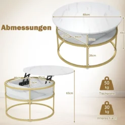 Couchtisch Höhenverstellbar Wohnzimmertisch mit Hebeplatte & Versteckter Stauraum