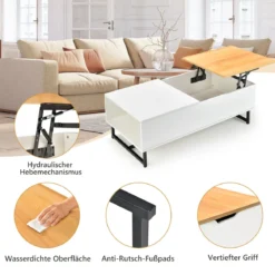 Couchtisch Höhenverstellbar 2 Ebenen Beistelltisch mit Metallrahmen 110 x 60 x 38 cm Weiß