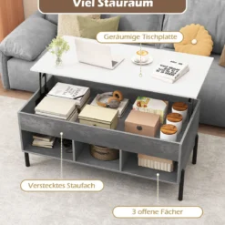 Couchtisch höhenverstellbar Kaffeetisch mit anhebbarer Tischplatte 3 offenen Fachen Grau 100 x 50 x 45/59 cm