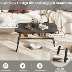 Couchtisch Holz Wohnzimmertisch mit Rattan-Ablage Beistelltisch 2 Ebenen Kaffeetisch rustikal 100 x 55 x 44,5 cm