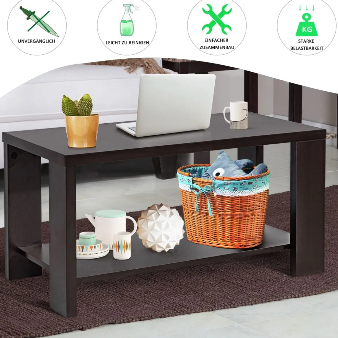 Couchtisch Holz Wohnzimmertisch mit unterer Ablage 80 x 40,5 x 42 cm Braun