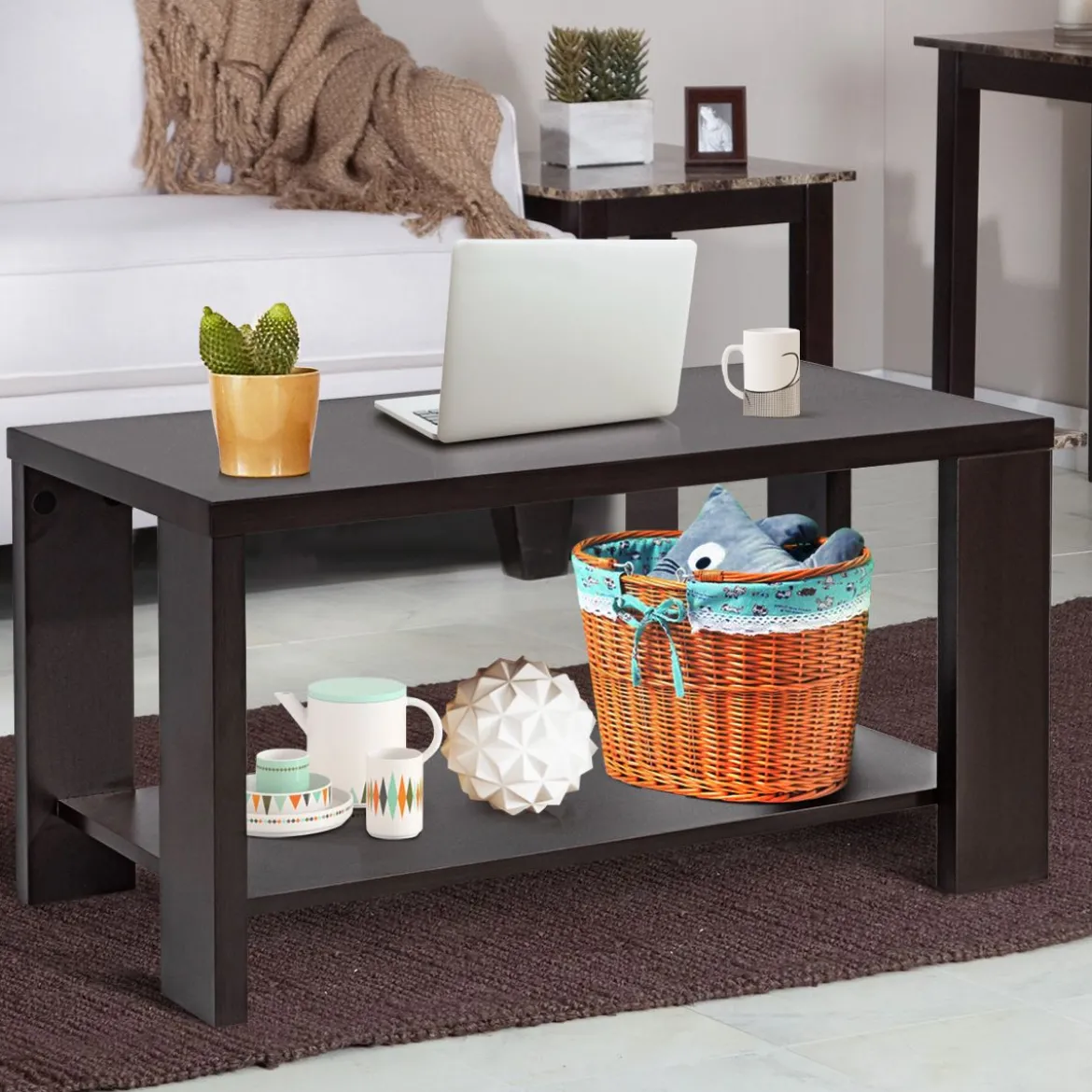 Couchtisch Holz Wohnzimmertisch mit unterer Ablage 80 x 40,5 x 42 cm Braun